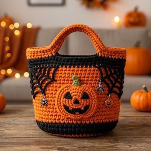 May include: A handmade orange and black crochet basket featuring a central jack-o'-lantern face, black spiderweb patterns on the sides, and small dangling charms shaped like spiders and pumpkins attached to the exterior of the bag.