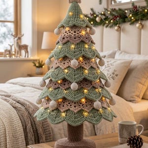 Könnte beinhalten: Eine gehäkelte Weihnachtsbaumdekoration mit abwechselnden Schichten aus salbeigrünem und altrosa Garn. Der Baum ist mit einem gehäkelten Stern gekrönt, mit kleinen weißen Bommeln an den Rändern verziert und von einer dünnen Lichterkette beleuchtet.