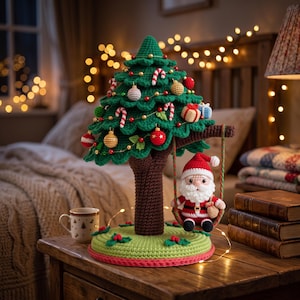 Puede incluir: Un árbol de Navidad de ganchillo con tronco marrón y follaje verde, decorado con pequeños adornos, bastones de caramelo y regalos. Una figura de Papá Noel de ganchillo se sienta en un columpio unido a una rama, sobre una base redonda.