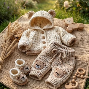 May include: A beige crochet set consisting of a hooded jacket with bear ears and four buttons, matching pants with two bear face appliques and a drawstring waist, and a pair of matching booties with bear faces, all in a textured knit pattern.