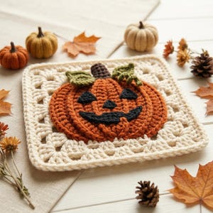 May include: A square crochet granny square featuring a central orange pumpkin with a dark brown stem, two green leaves, and a black stitched jack-o'-lantern face. The pumpkin is centered on a cream-colored, open-work crocheted square border.