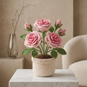 Handmade Crochet Rose Flower Pot, Crochet Flower Pot Arrangement for Home Decor, Cute Artificial Potted Gift