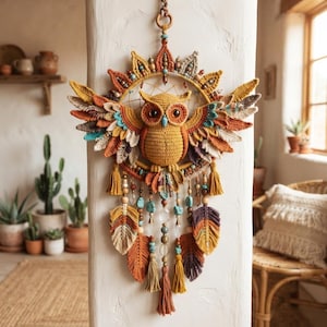 Puede incluir: Un tapiz de pared con un búho de ganchillo amarillo centrado en un marco circular. El búho tiene las alas extendidas en tonos naranja, turquesa y marrón. Debajo del marco cuelgan varias borlas, cuentas de madera y piedras de color turquesa.