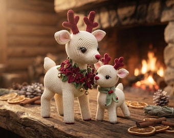 May include: Two cream-colored crocheted reindeer figures with dark red antlers and noses. The larger reindeer wears a wreath of red poinsettias and small gold bells, while the smaller reindeer wears a green scarf with a tiny red berry accent.