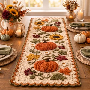May include: A rectangular crochet table runner featuring a cream-colored base with a scalloped border in orange and green. The design includes three-dimensional orange pumpkins, yellow sunflowers, green and orange maple leaves, and small white flowers.
