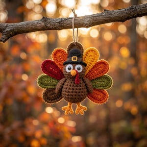 Op de afbeelding: Een gehaakt kalkoenornament met een bruin lichaam, een zwarte pelgrimshoed met een gele gesp en een waaierstaart bestaande uit individuele blaadjes in de kleuren rood, oranje, geel en groen. De kalkoen heeft wiebeloogjes en een rode lel.
