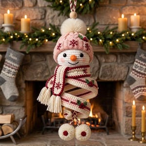 May include: A crocheted snowman ornament featuring a pink knit hat with a white pom-pom, a smiling face with an orange nose, and a long, spiraling scarf in cream and dark red with snowflake patterns and two dangling pom-poms at the bottom.