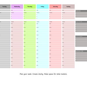 May include: A colorful weekly planner with sections for each day, including space for priorities and schedules. The planner features a clean design with text that reads "Plan your week. Create clarity. Make space for what matters."