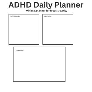 Könnte beinhalten: Ein minimalistischer ADHD-Tagesplaner mit dem Text "ADHD Daily Planner" und "Minimal planner for focus & clarity". Der Planer enthält Abschnitte für Top-Prioritäten, ein Brain Dump und Zeitblöcke. Ein schwarzer Kreis mit "INSTANT DOWNLOAD".