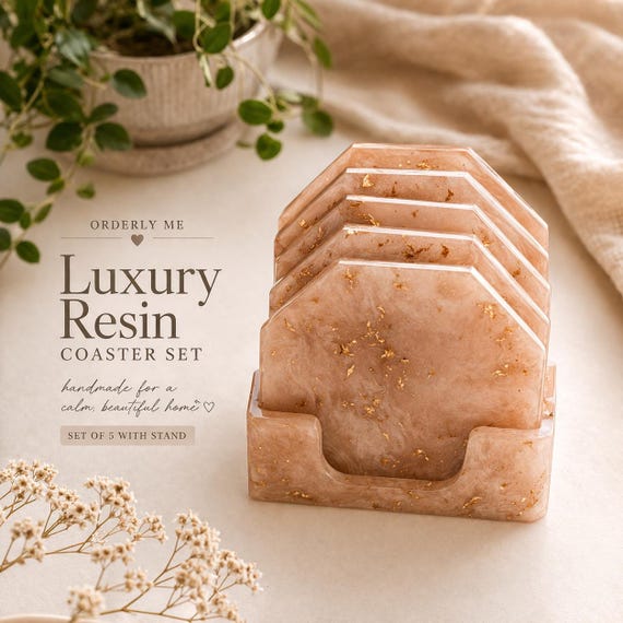 Luxury Resin Coaster Set with Gold Leaf | Handmade Neutral Home Decor