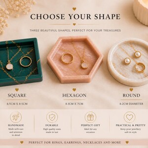 May include: Three decorative trays in square, hexagon, and round shapes. The square tray is green with gold veining, the hexagon is pink, and the round tray is white. Each tray holds jewelry. Text reads "CHOOSE YOUR SHAPE" and "PERFECT FOR RINGS, EARRINGS, NECKLACES AND MORE."