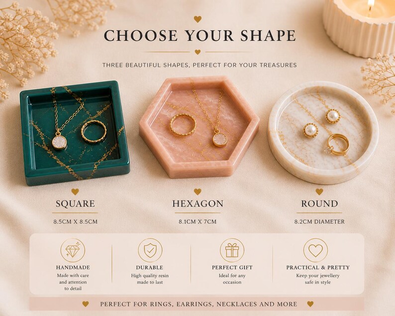 May include: Three decorative trays in square, hexagon, and round shapes. The square tray is green with gold veining, the hexagon is pink, and the round tray is white. Each tray holds jewelry. Text reads "CHOOSE YOUR SHAPE" and "PERFECT FOR RINGS, EARRINGS, NECKLACES AND MORE."
