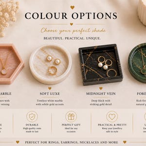 May include: Image showcasing jewelry trays in various colors: blush marble, soft luxe, midnight vein, and forest vibes. Each tray holds rings and necklaces. The text reads "COLOUR OPTIONS" and "PERFECT FOR RINGS, EARRINGS, NECKLACES AND MORE."