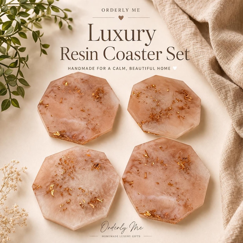 May include: A set of four hexagonal resin coasters. The coasters are a light pink color with gold leaf accents. The text "Luxury Resin Coaster Set" is displayed above the coasters. The coasters are handmade.