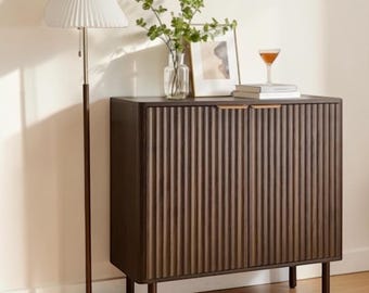 Walnut Fluted Sideboard Buffet Cabinet Coffee Bar Storage Adjustable Shelves
