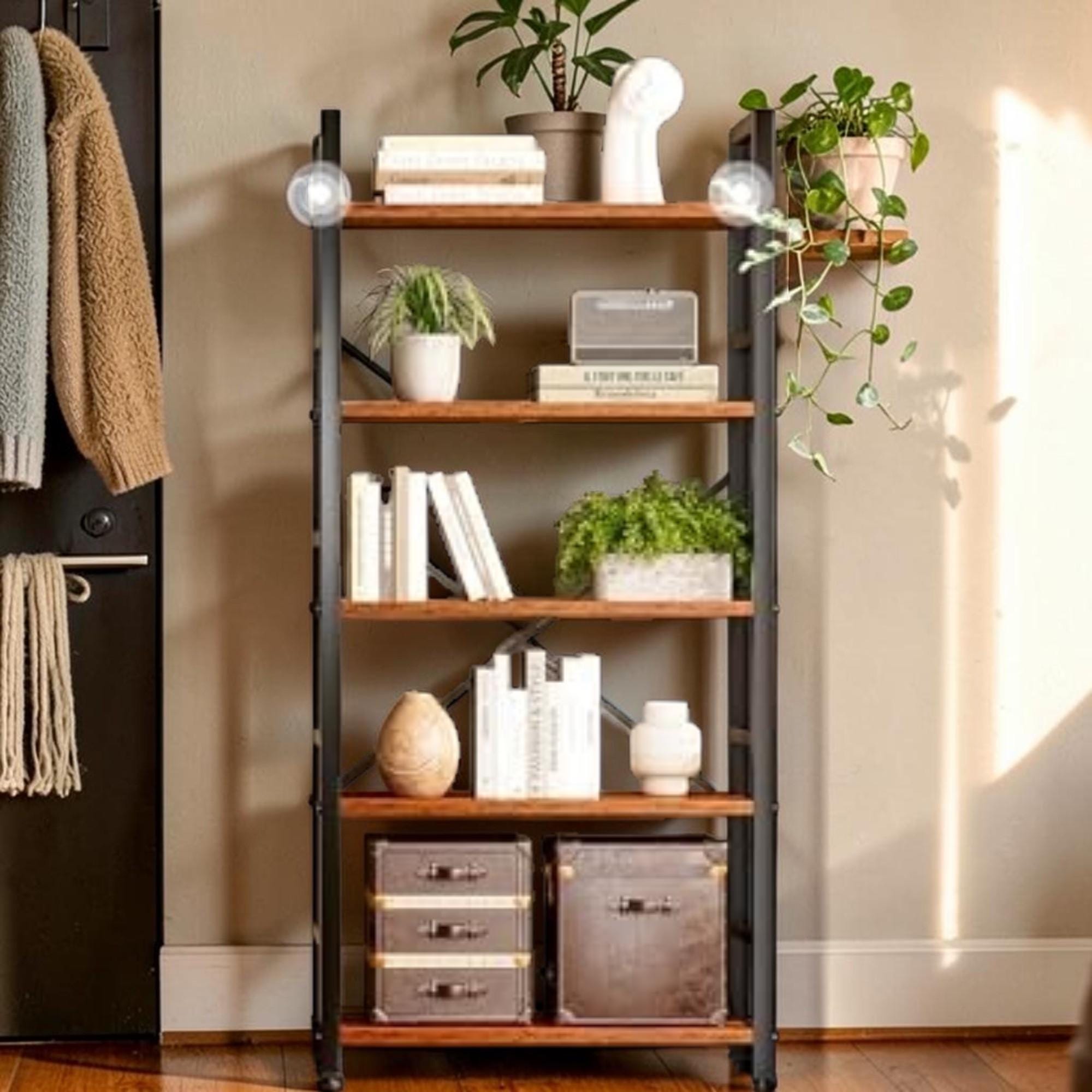Modern Rustic Wood Bookcase Metal Frame Tall Storage Shelf Industrial ...