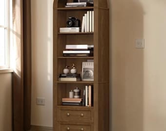 Tall Narrow Arched Bookshelf Wooden Farmhouse Bookcase Storage Drawers Shelving Unit