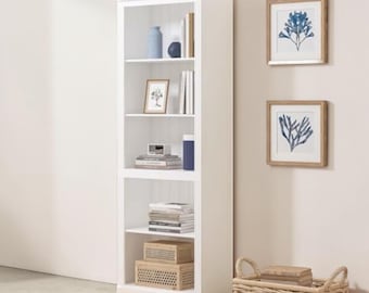 White Tall Bookcase Modern Wooden Storage Shelf Adjustable Display Organizer