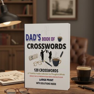 Puede incluir: Un libro titulado "Dad's Book of Crosswords" con el texto "120 Crucigramas" y "Letra Grande". La portada presenta ilustraciones de un periódico, gafas, una taza de café y personas. Una taza de café y un bolígrafo están sobre la mesa.