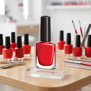 Puede incluir: Un frasco de esmalte de uñas rojo se exhibe sobre un soporte de acrílico transparente, con varios otros frascos de esmalte de uñas rojos en el fondo. También se ven limas de uñas y herramientas de manicura.