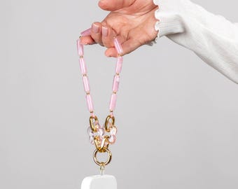 Blush Pink Tube Beads Phone Charm with Gold Flower Links | Dainty Acrylic Strap