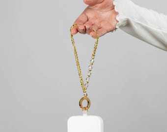 Gold Heart Chain Phone Charm | Crystal Bead Strap | Minimalist Phone Jewelry Gift
