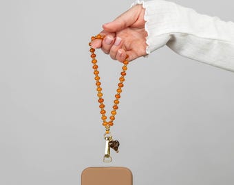 Orange Beaded Phone Charm | Bright Glass Strap with Heart | Cheerful Phone Jewelry