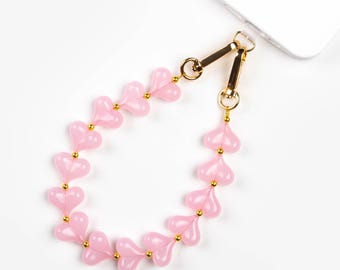 Pink Heart Beaded Phone Charm, Pastel Hearts Phone Strap, Wrist Lanyard for Phone, Cute Gift for Her, Phone Jewelry