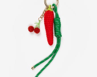 Crochet Chili Pepper Keychain | Cherry Beads Duo | Spicy Foodie Gift | Handmade Charm