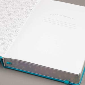 May include: Open journal with a turquoise cover and a matching ribbon bookmark. The inside pages are white, with a floral pattern on the left page and lines for writing on the right. The text "THIS BOOK BELONGS TO" is printed at the top of the right page.