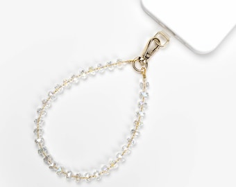 Clear Glass Beaded Phone Charm, Real Glass Phone Strap with Gold Hardware, Crystal Wrist Lanyard, Gift for Her