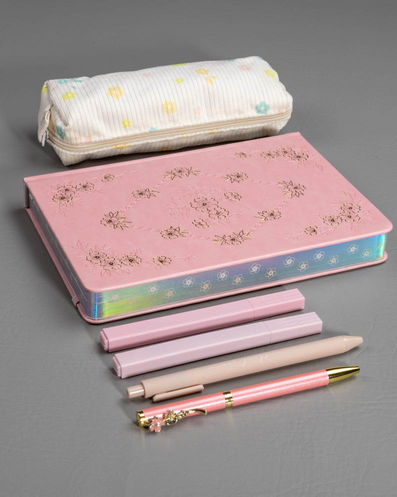 Holographic Journal Gift Set for Women | A5 Dot Grid Notebook, Stationery Box with Pens and Pouch Pink