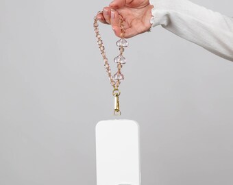 Blush Pink Glass Heart Phone Charm | Translucent Beaded Strap, Gold-Tone Hardware