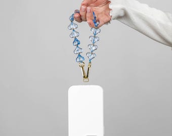 Sky Blue Translucent Heart Beads Phone Charm | Ocean Acrylic Strap, Gold Accents Phone Jewelry | Summer Gift