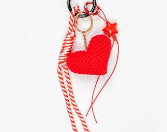 Crochet Heart Bag Charm | Red Handmade Keychain | Star Bead Accent | Valentine Gift