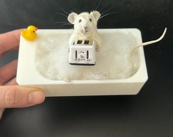 Taxidermy Mouse in Bubble Bath with Toaster | Dark Humor Bathroom Decor | Gothic Oddity Art | Creepy Cute Gift