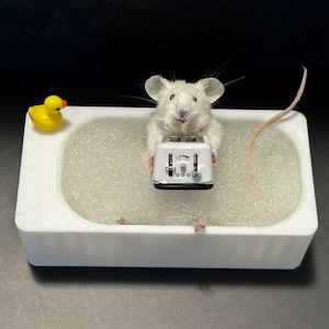 May include: A white mouse sits inside a white rectangular bathtub filled with clear bubble-like material. The mouse holds a small white toaster in its front paws. A tiny yellow rubber duck with an orange beak sits on the edge of the bathtub.