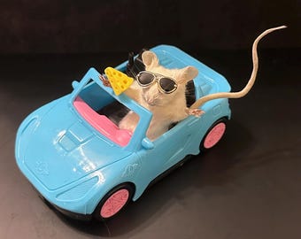 May include: A light blue toy convertible with pink wheels. A mouse wearing sunglasses and holding a piece of cheese is in the driver's seat. The mouse has its tail hanging out of the car.