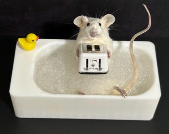 Taxidermy Mouse in Bubble Bath with Toaster | Dark Humor Bathroom Decor | Gothic Oddity Art | Creepy Cute Gift