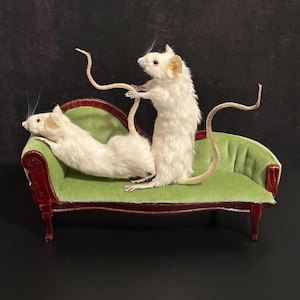 Op de afbeelding: Twee witte opgezette muizen op een miniatuur chaise longue. De ene muis ligt op de groene fluwelen bekleding, terwijl de andere rechtop staat. Het miniatuurmeubel heeft een donker roodbruin houten frame met gebogen poten.