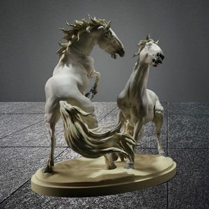May include: A white horse sculpture featuring two horses in dynamic poses. One horse rears up on its hind legs, while the other stands with its head raised. The sculpture is mounted on a circular base, showcasing detailed craftsmanship.