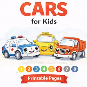 May include: A children's coloring book cover with the title "Color by Number CARS for Kids." The image features cartoon illustrations of a blue police car, a yellow taxi, and an orange truck. Numbers 1-8 are displayed below the cars, with a red banner reading "Printable Pages."