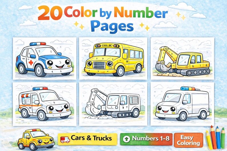 Color by Number Cars for Kids | Printable Vehicles Coloring Book ...