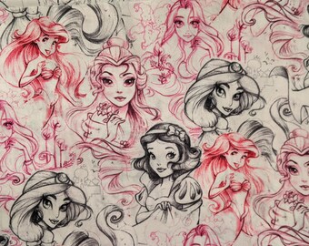 Disney Princess Fabric Sketch Princesses Pink-Black-Ivory 100% Cotton Fabric 3 Fat Quarters!
