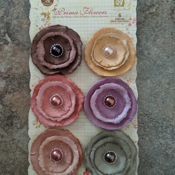 PRIMA FLOWERS  New In Package! 547950 RETIRED Scrapbook Headband Crafting Flowers Multi Colors Package of 6 Softees Collection Bonnet Prima