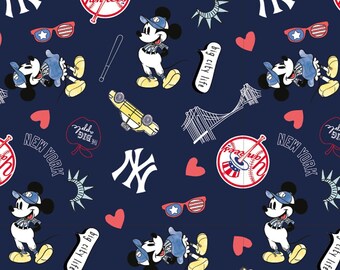 Mickey Disney Fabric Mash Up New York Yankees Baseball  100% Cotton Navy Fabric 2 Fat Quarters