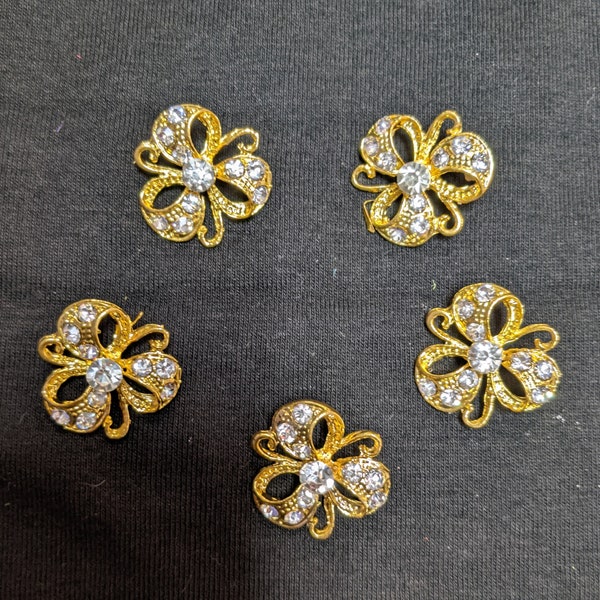 Clear Crystal Rhinestone Embellishment Brooch Ornate Button Gold Metal White Rhinestone Button Set of 5