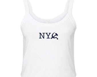 NY Commie Women's Micro Ribbed Scoop Tank | Bella + Canvas 1012BE Solid White Blend