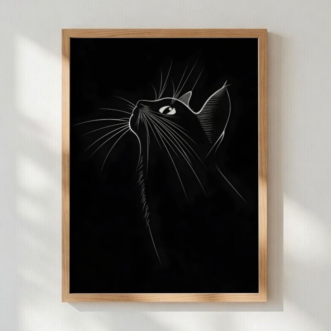 Minimalist Black Cat Line Art Print – Moody Dark Wall Décor - Etsy