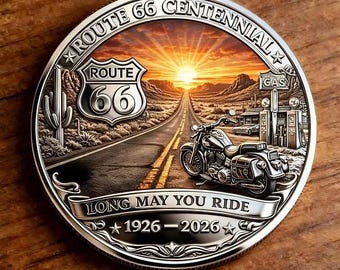 Moneda del centenario de la Ruta 66, 2D plana, diseño vintage de viaje en motocicleta 1926-2026, arte retro de carreteras de EE. UU., decoración de regalo de viaje para motociclistas